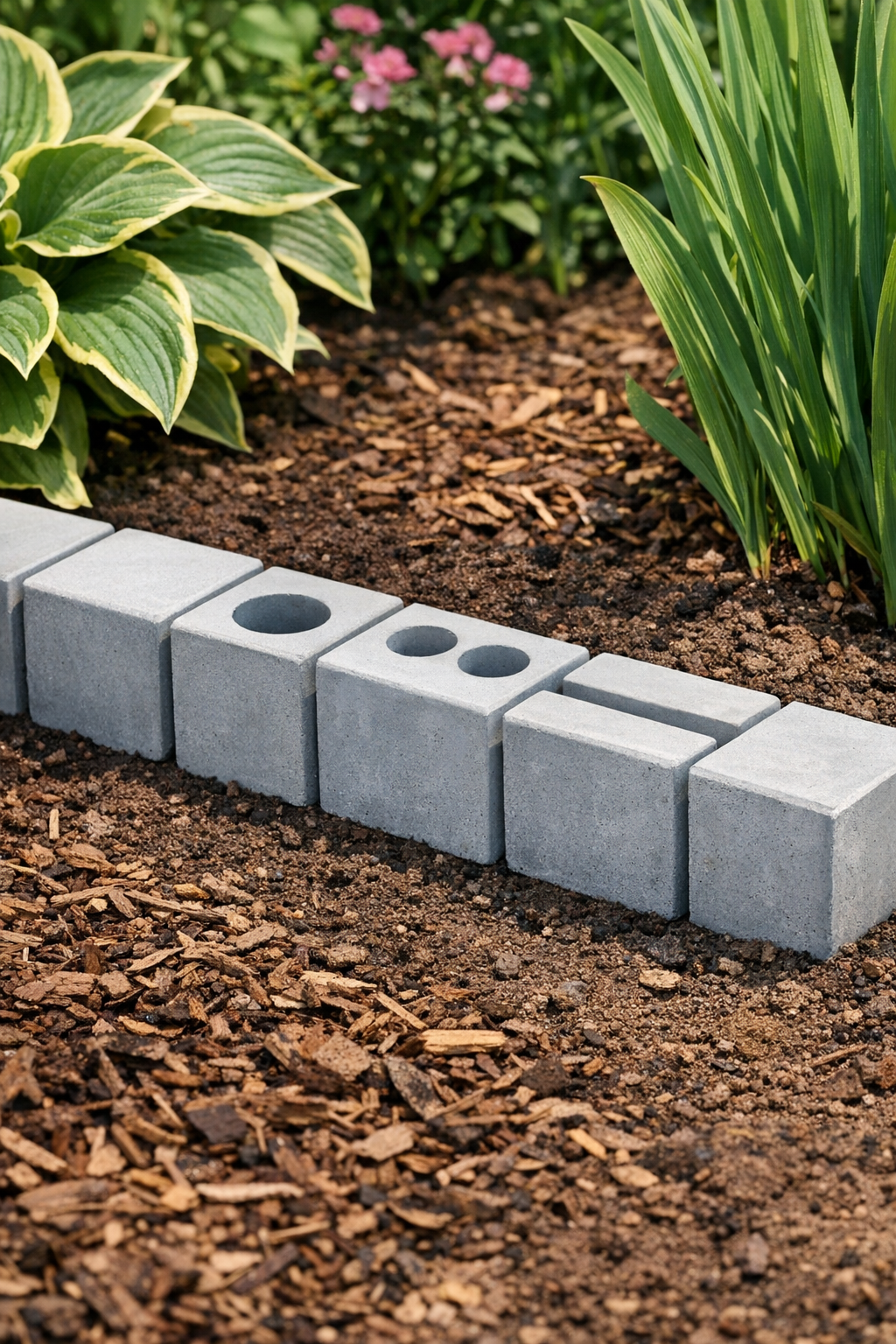 Finished modular cement garden bricks arranged decoratively in a garden