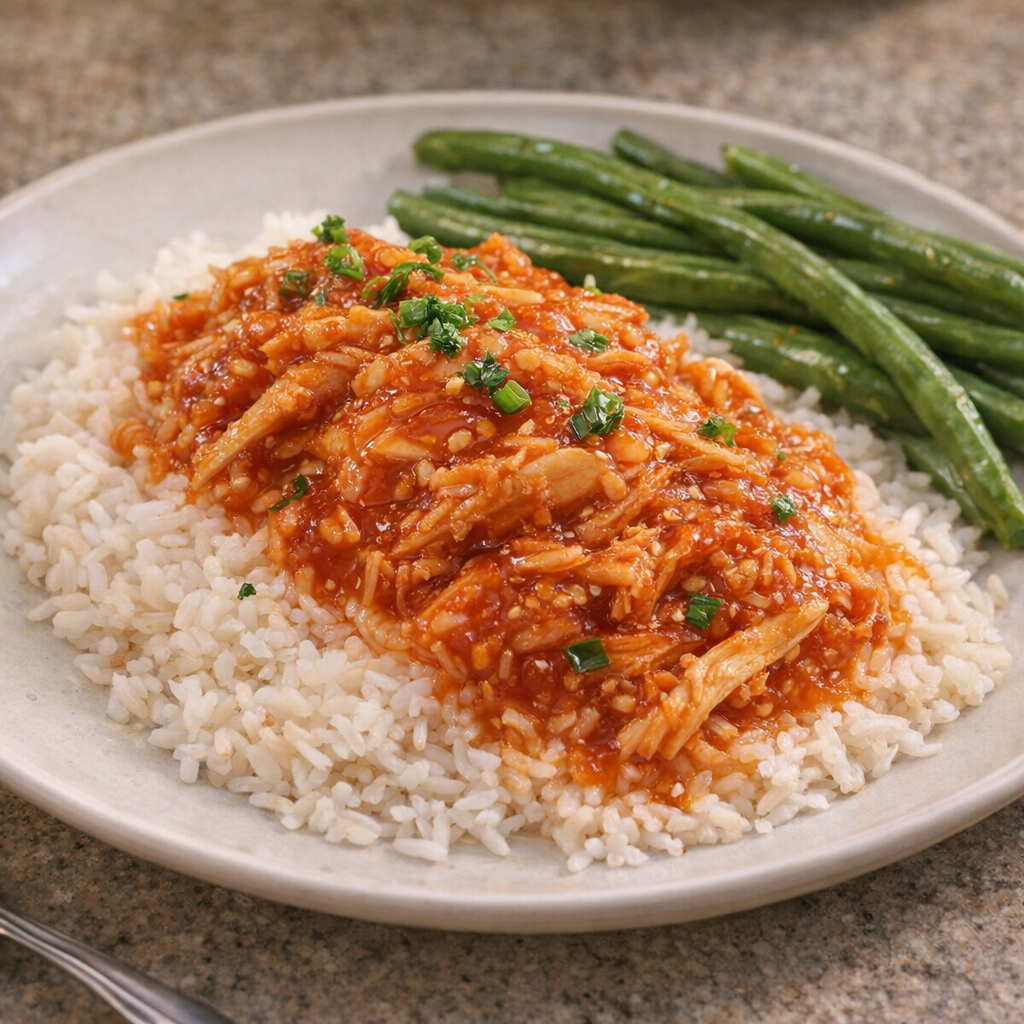 Zoete chili kip geserveerd met witte rijst en sperziebonen.