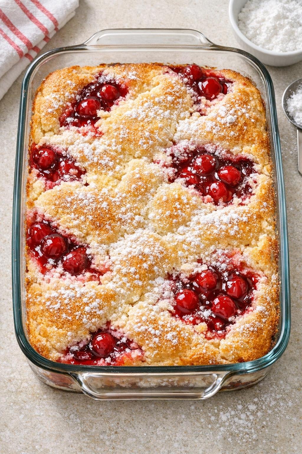 Baked angel food cherry dessert in a glass dish