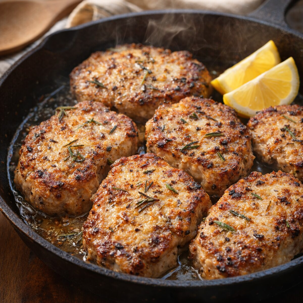 Parmesan-crusted pork chops resting in skillet after baking