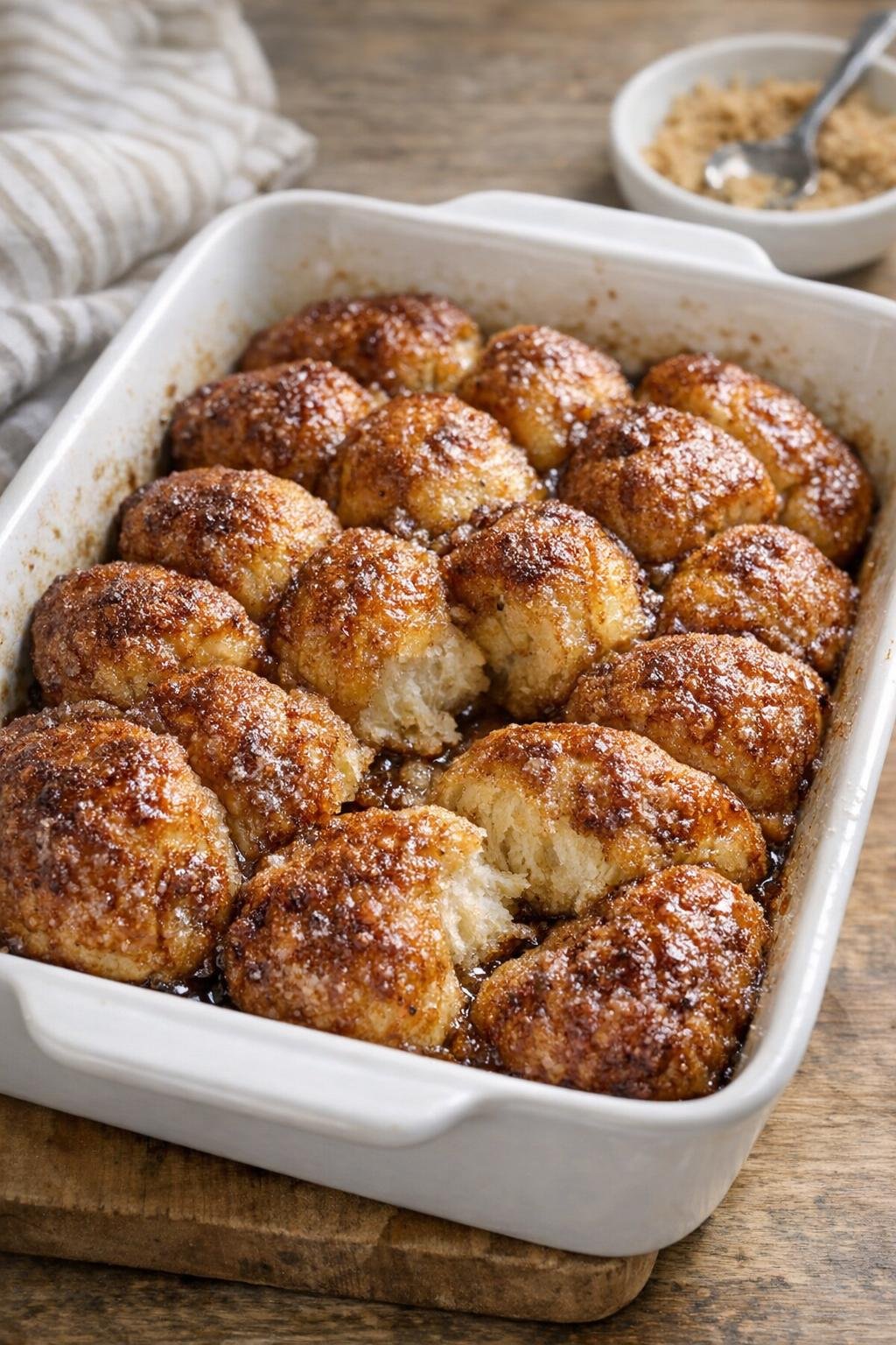 Finished cinnamon sugar pull-apart bread in a baking dish
