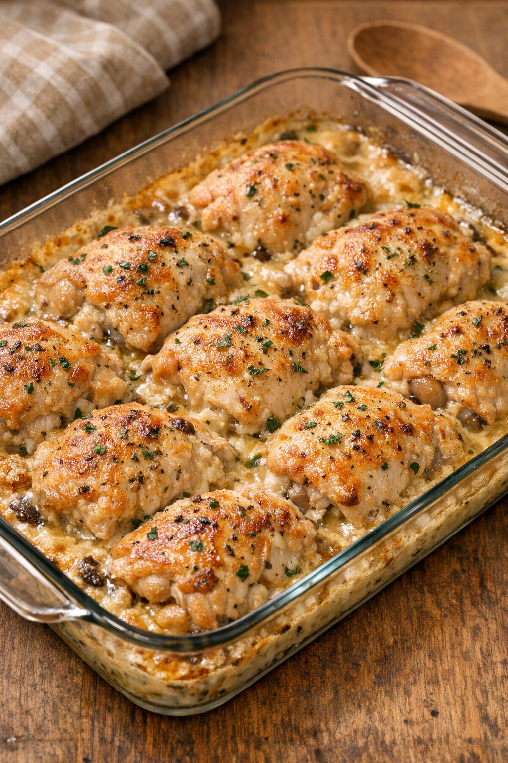 Baked chicken bubbling and golden in dish