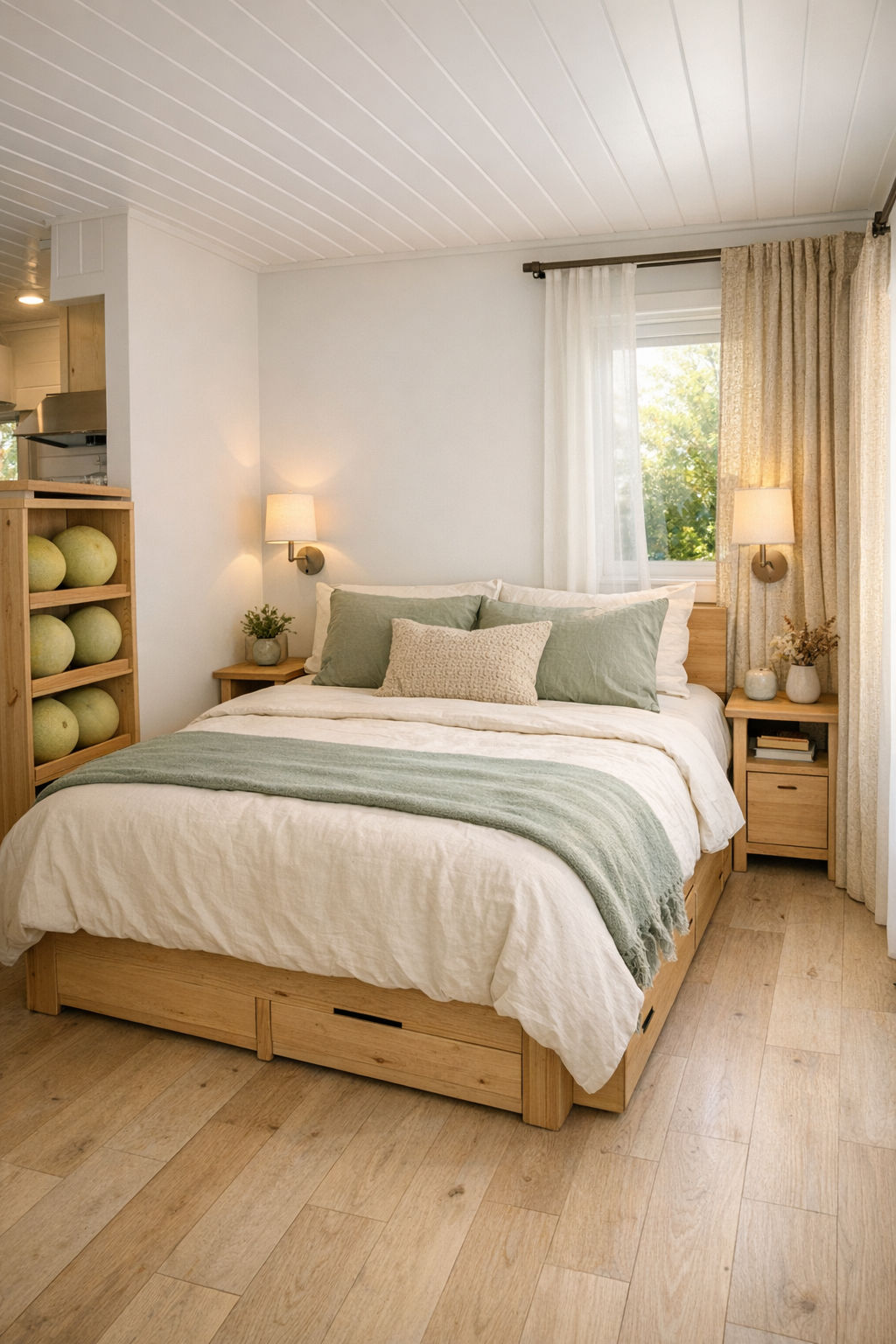 Main-level tiny home bedroom with built-in honeydew storage and soft neutral bedding