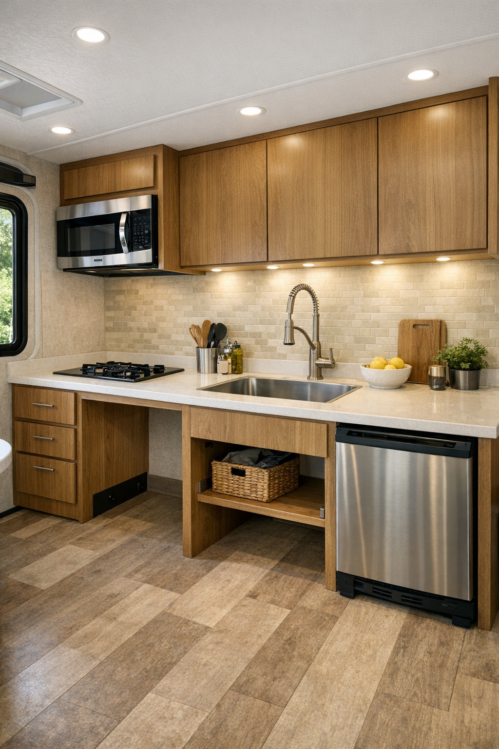 Accessible RV kitchen with warm wood cabinets, pale countertops, and open clear pathways
