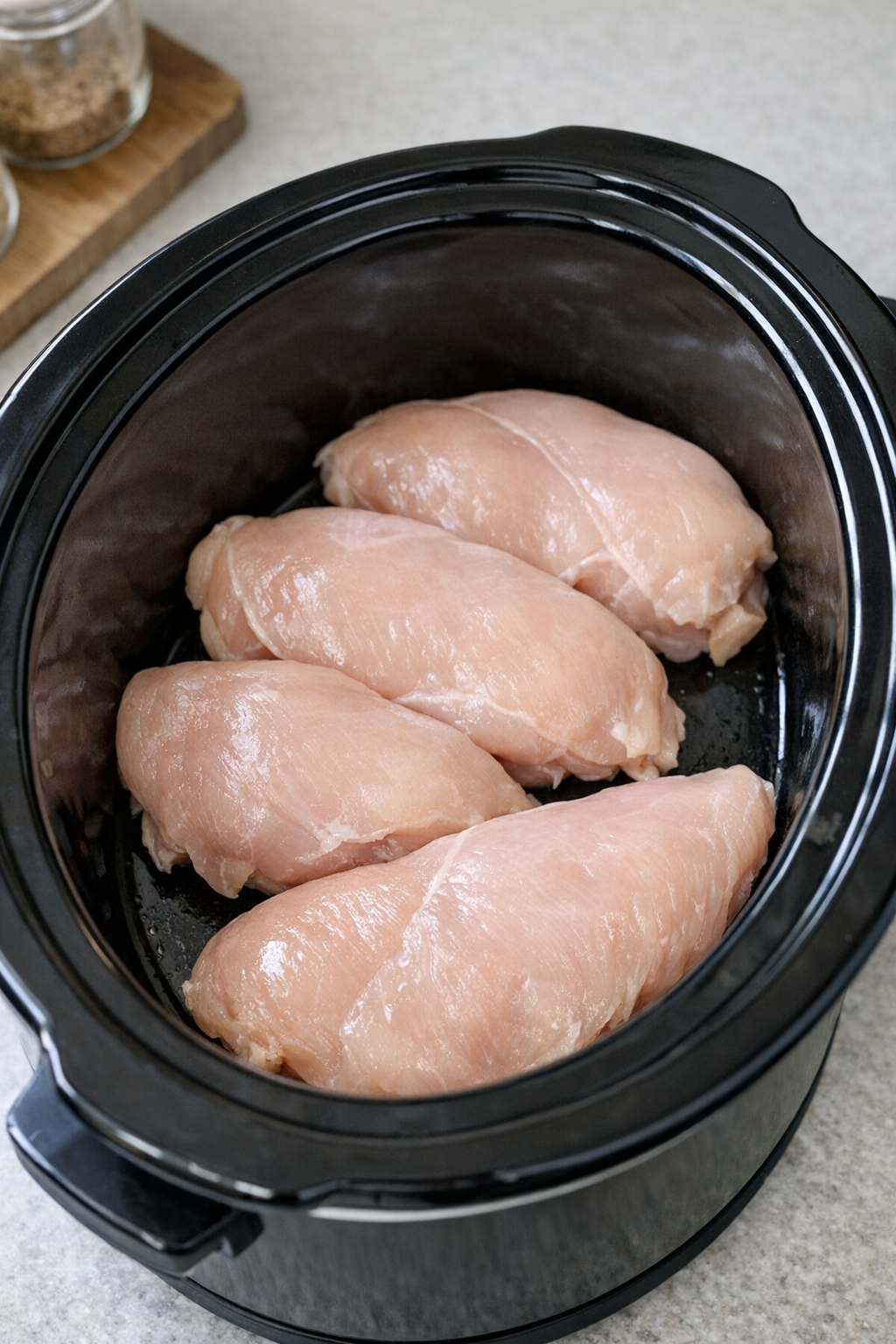 Raw chicken breasts arranged in a slow cooker