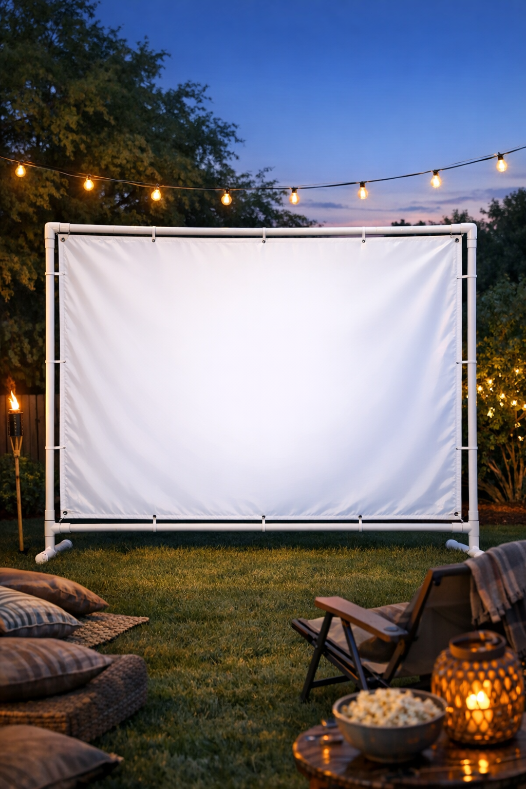 Finished DIY outdoor movie screen made from white vinyl stretched across a PVC frame