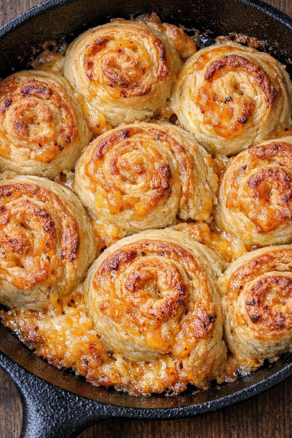 Southern savory cheddar pinwheels baked in a cast iron skillet