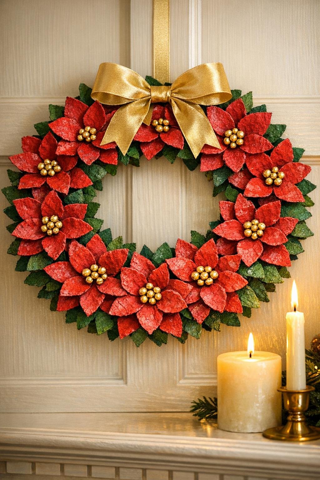 Finished egg carton poinsettia wreath hanging indoors with holiday decor