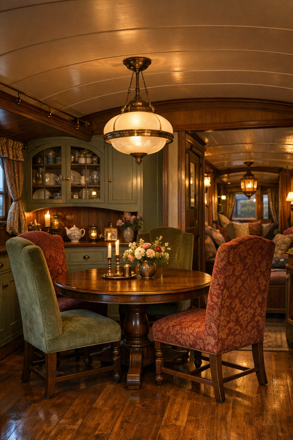 Victorian houseboat dining room with a round pedestal table, painted sideboard, and warm brass pendant lighting
