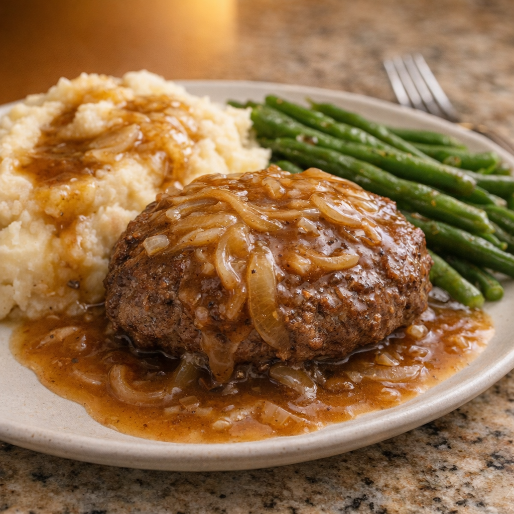 Weeknight plate with hamburger steak, green beans, and gravy