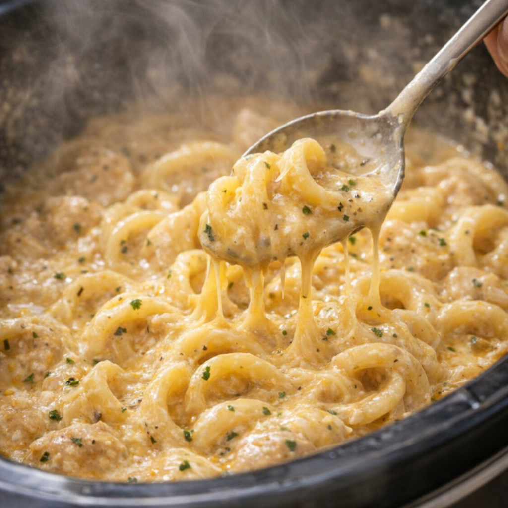 Cooked pasta being stirred in the slow cooker