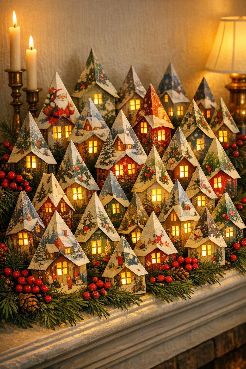 Finished Christmas village made from folded old Christmas cards glowing on a mantel
