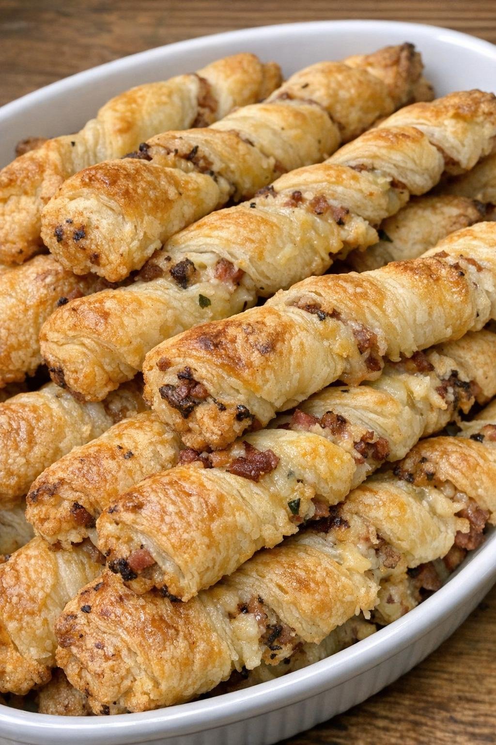 Golden flaky pastry twists with savory filling in a serving dish