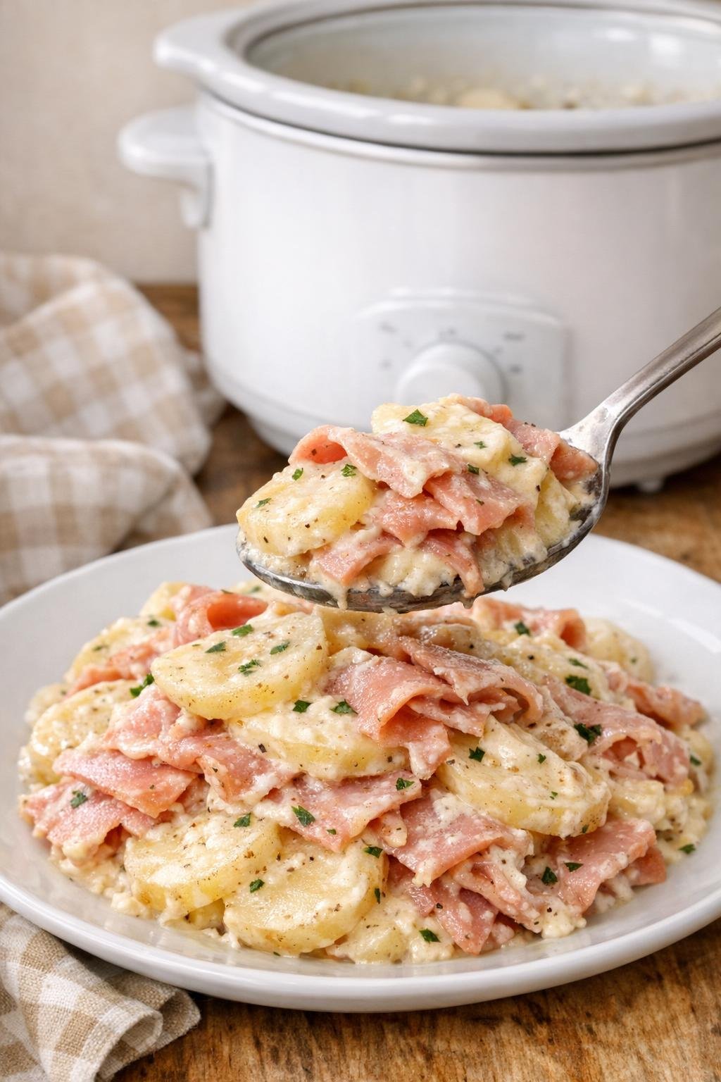Finished ranch ham and potato bake plated in a rustic setting