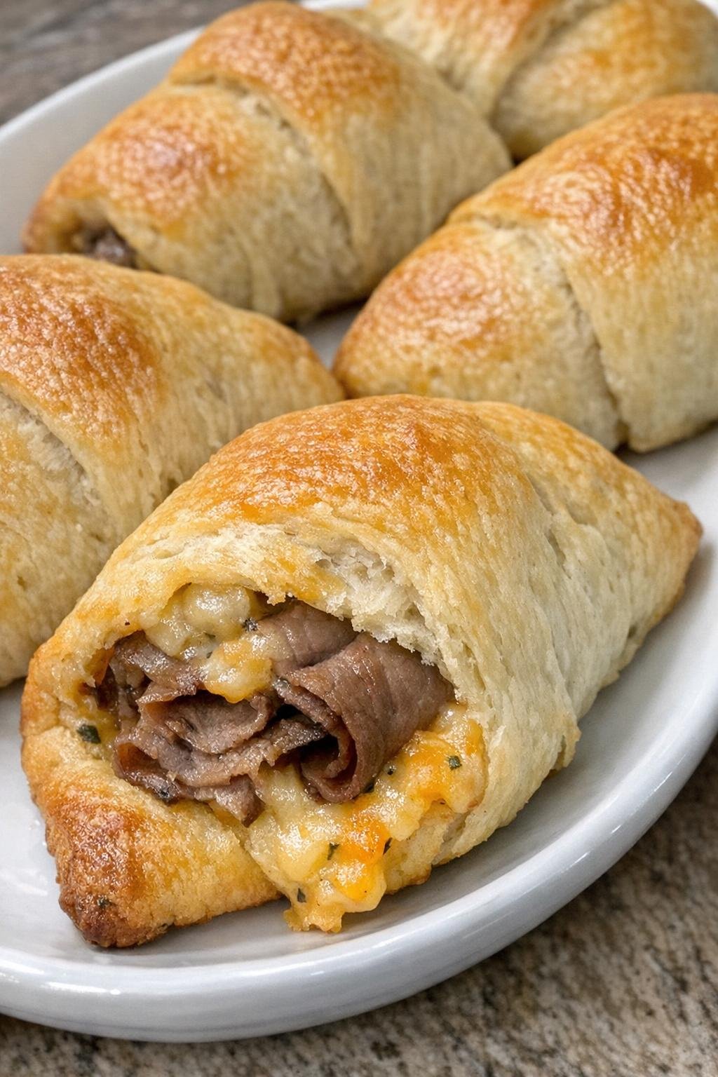 Golden brown crescent dough pockets with roast beef and garlic cheddar on a white platter