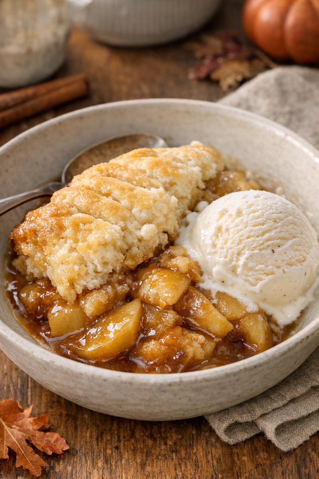 Warm appeldessert uit de slowcooker, geserveerd in een kom met ijs.