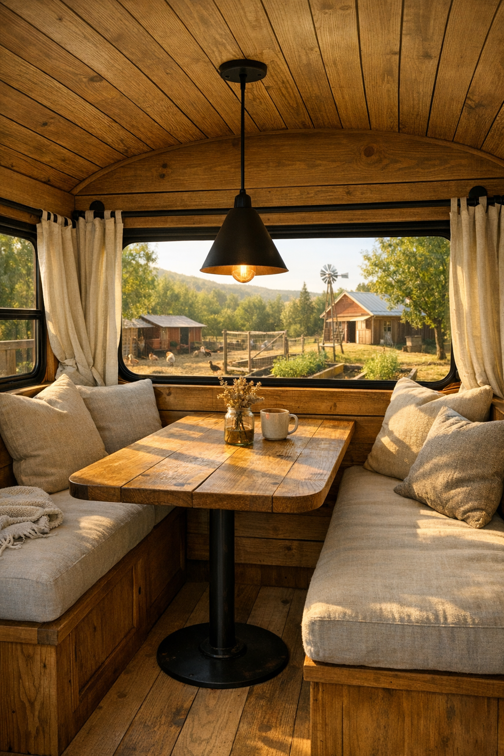 Built-in dining nook inside the bus with wood table and bench seating