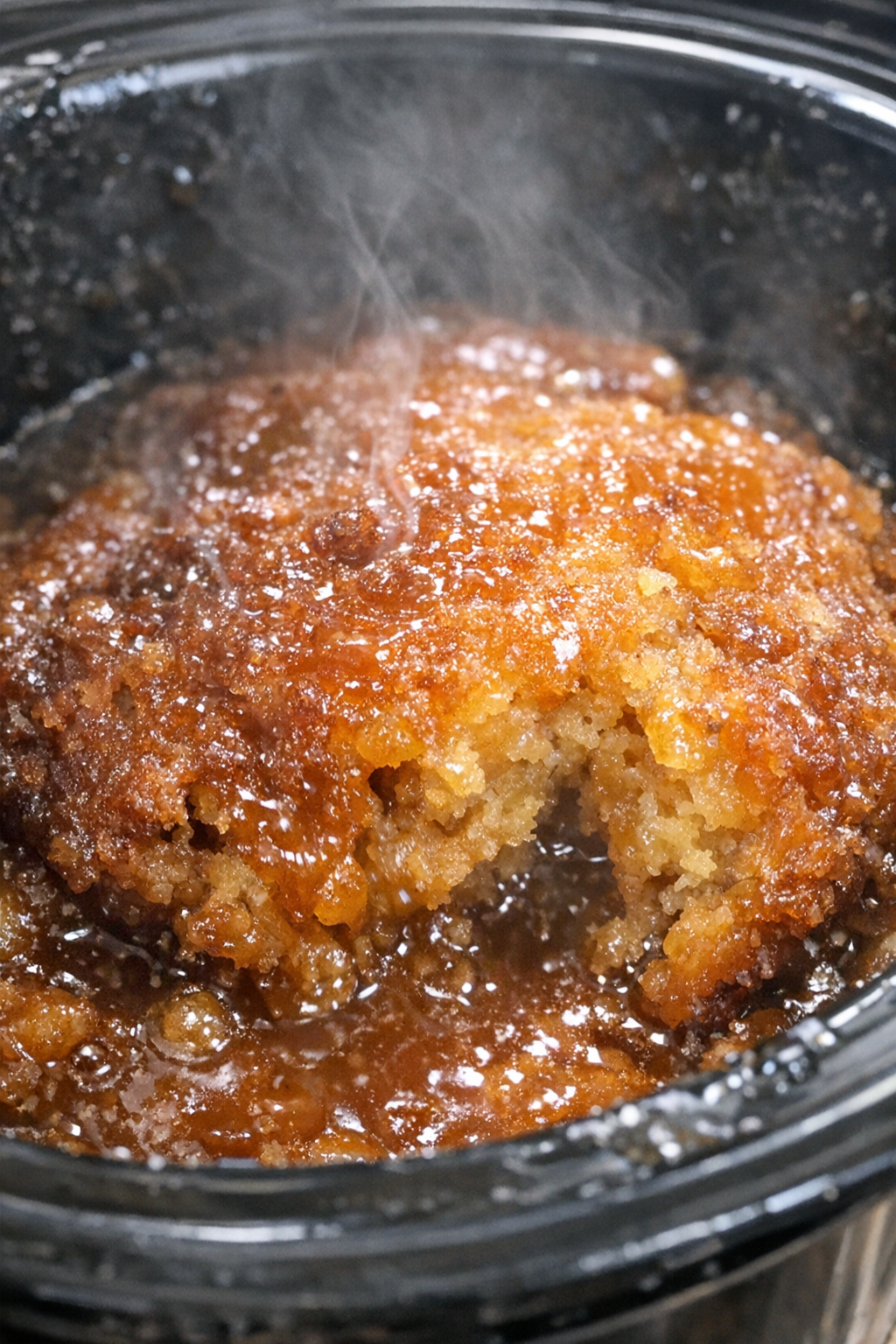 Sticky golden butterscotch dessert in a slow cooker