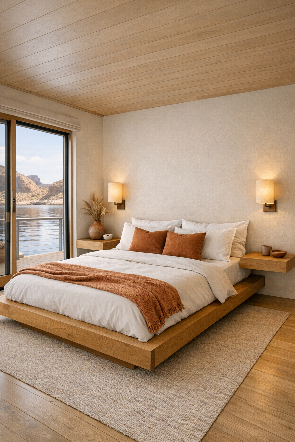 Serene desert modern bedroom with a low oak bed, layered neutral textiles, and soft wall lighting