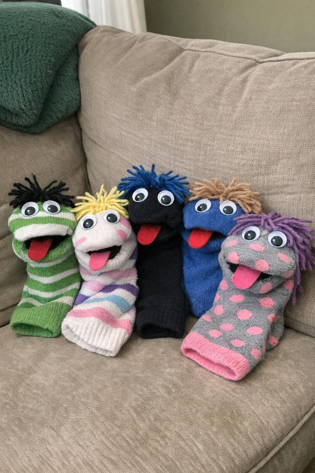 A family of colorful sock puppets with googly eyes and yarn hair