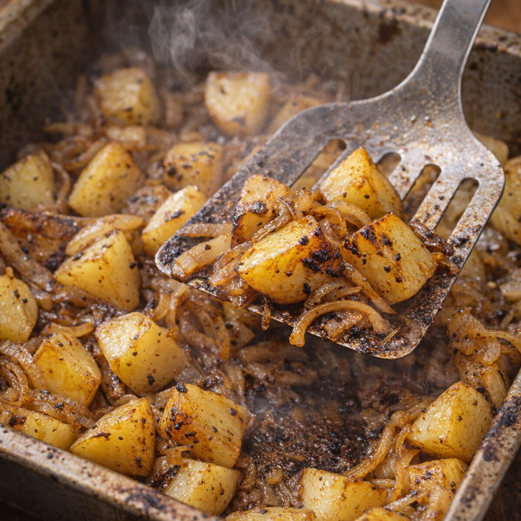 Half-roasted potatoes and onions being stirred in the pan