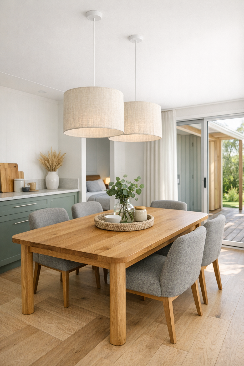Open dining room with oak table, upholstered chairs, and soft linen pendant lighting
