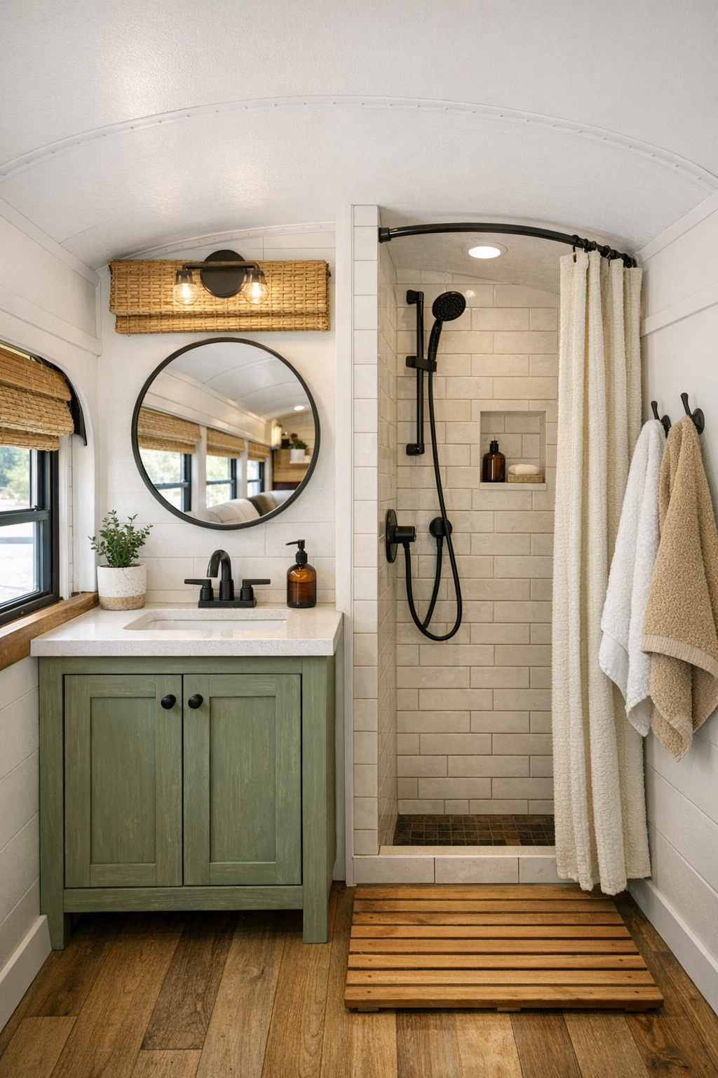 Compact bus bathroom with painted wood vanity, round mirror, and light tile shower