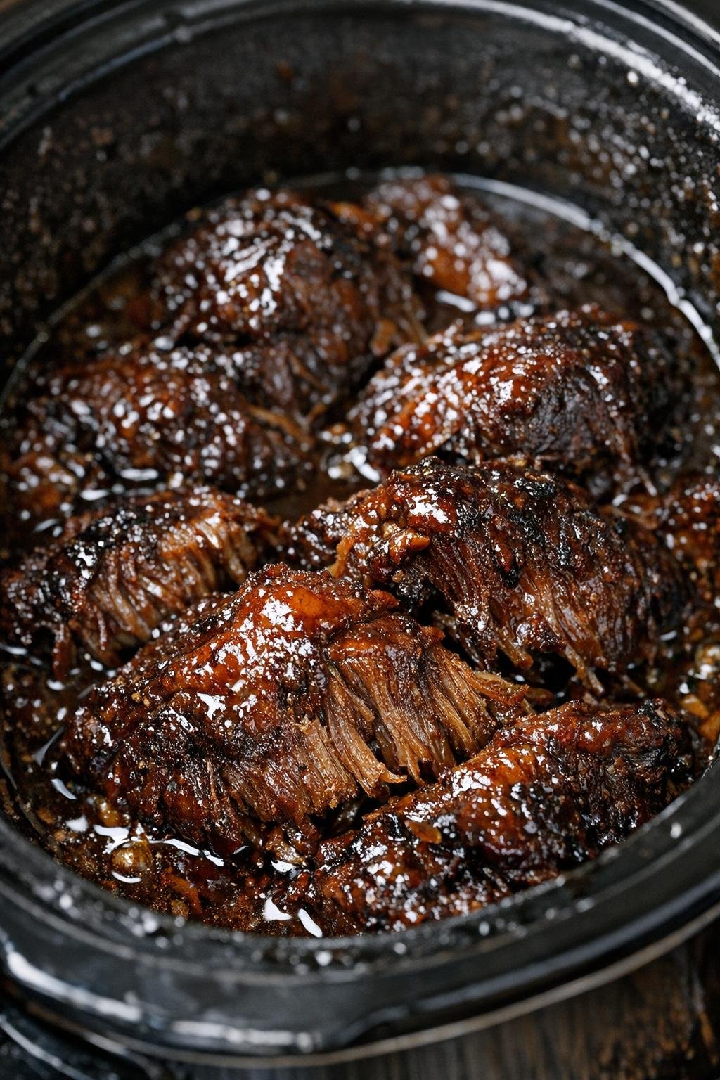 Slow-roasted glazed beef cheeks in a slow cooker