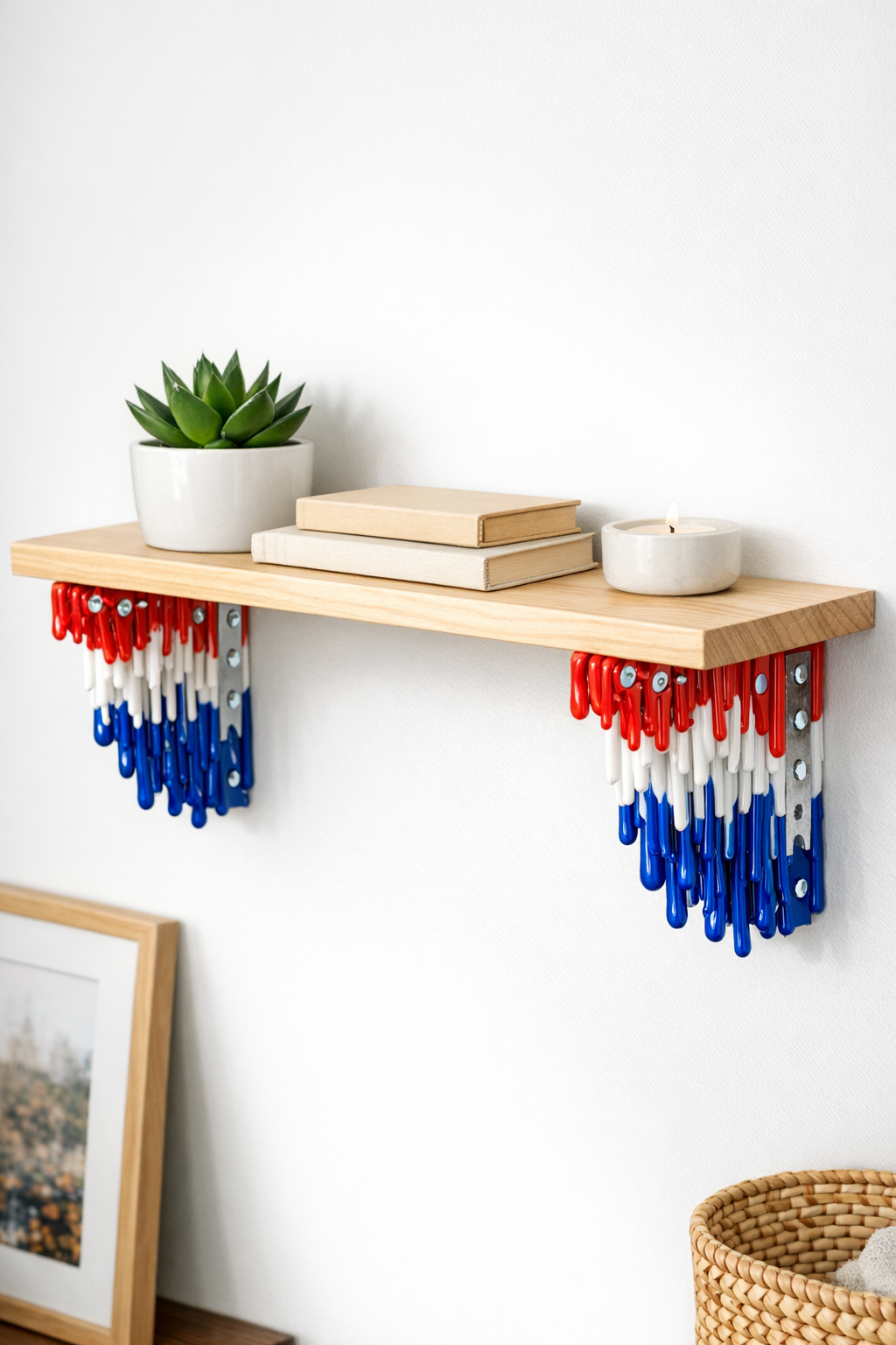 Finished DIY shelf brackets made from melted red white and blue plastic combs