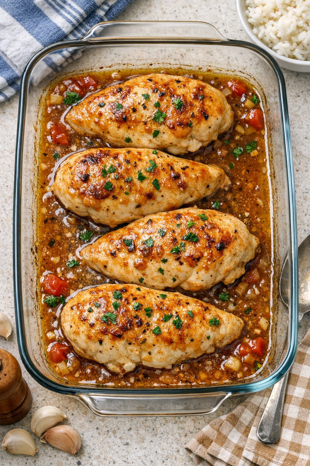 Finished baked chicken breasts in a glass baking dish