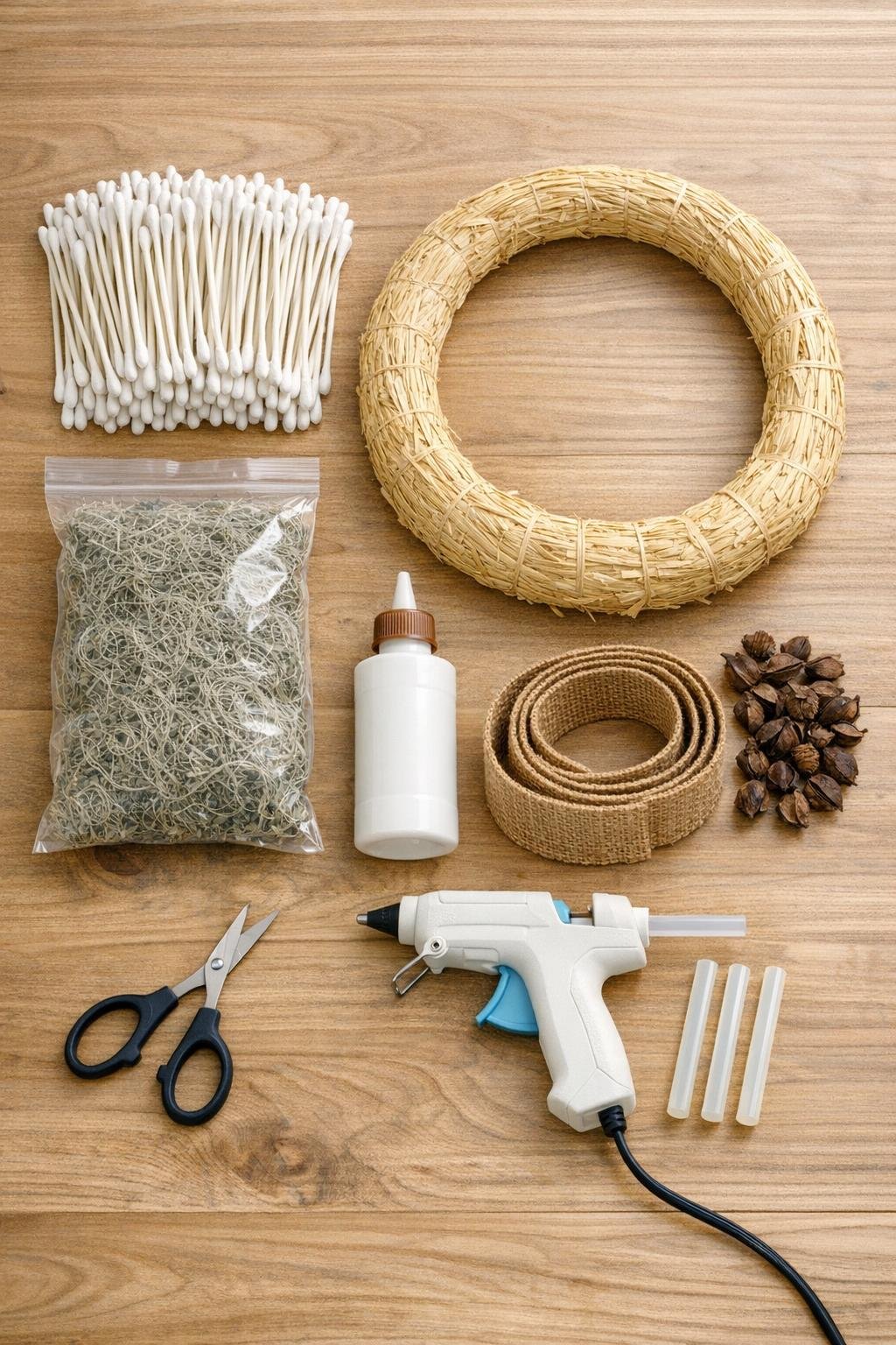Materials for making a cotton boll wreath laid out on a wooden table