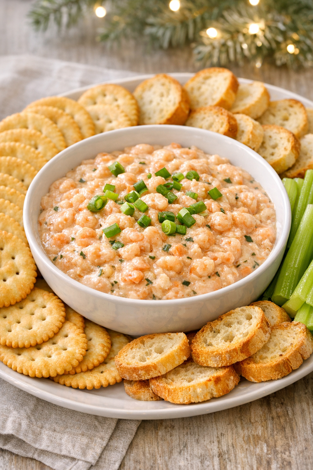 Finished shrimp appetizer served with crackers and bread