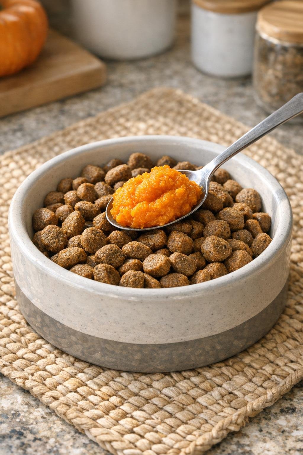 Plain pumpkin puree mixed into dog food