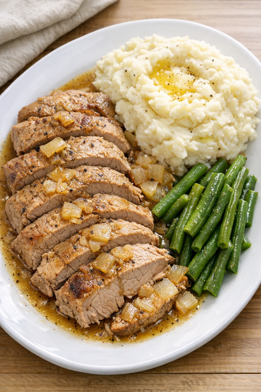 Finished slow cooker pork sirloin roast plated with pan juices