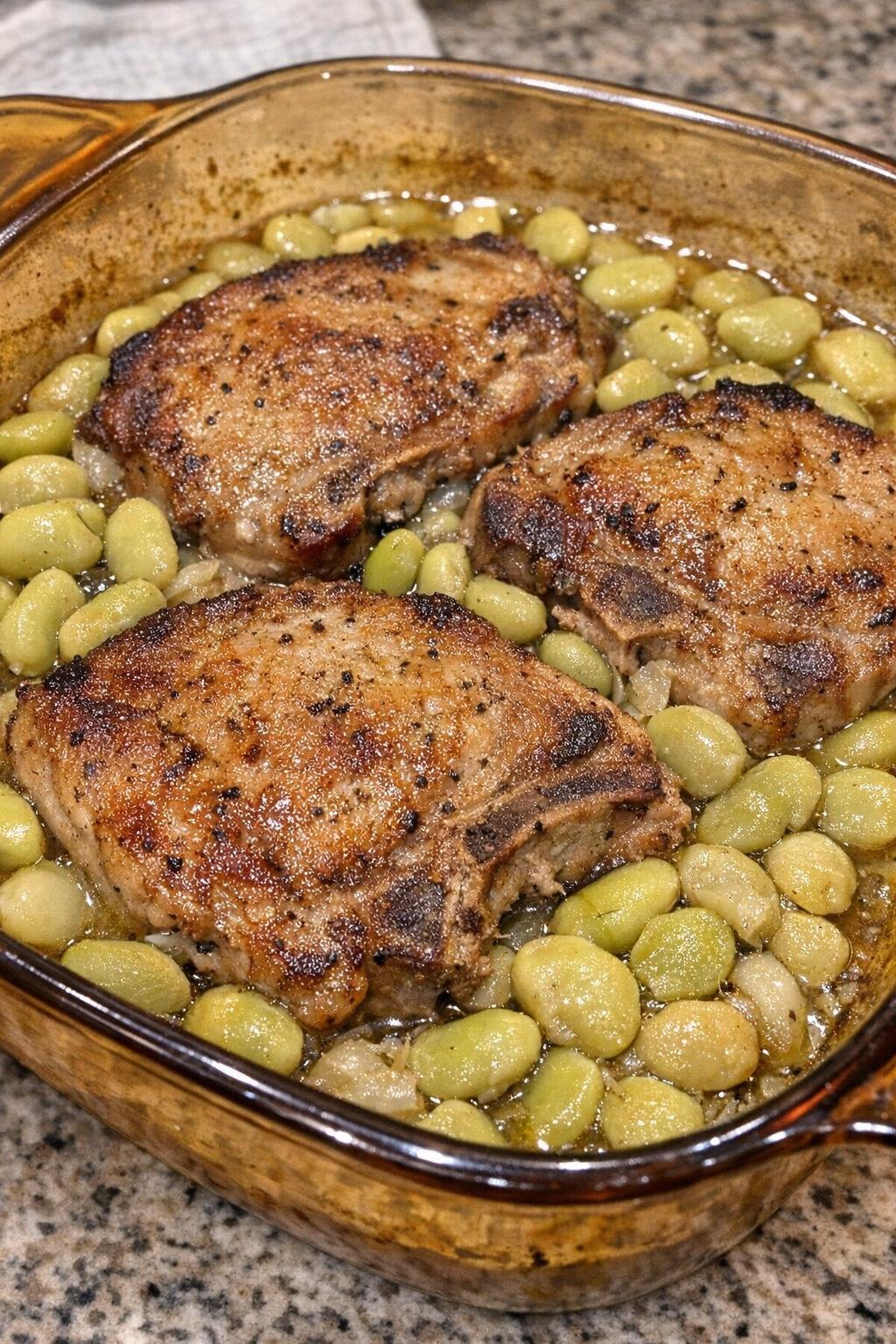 Golden browned pork chops in lima beans in a vintage amber casserole dish