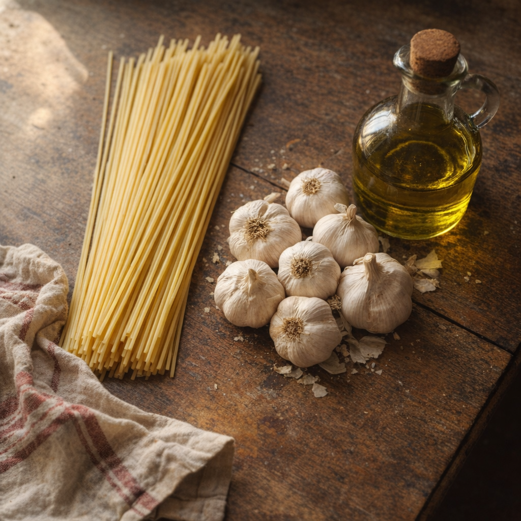 Vintage kitchen ingredients for garlic spaghetti
