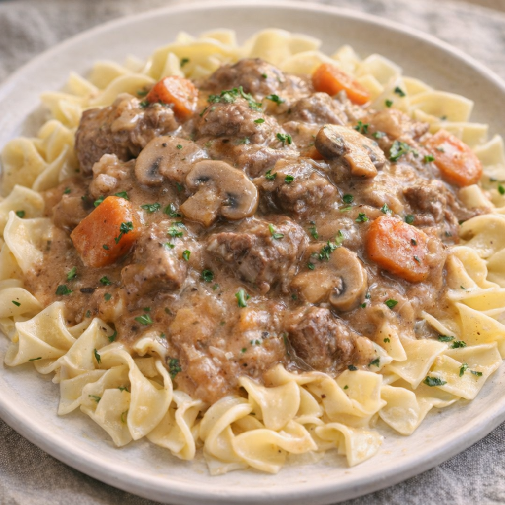 Smothered beef with mushrooms and carrots in gravy