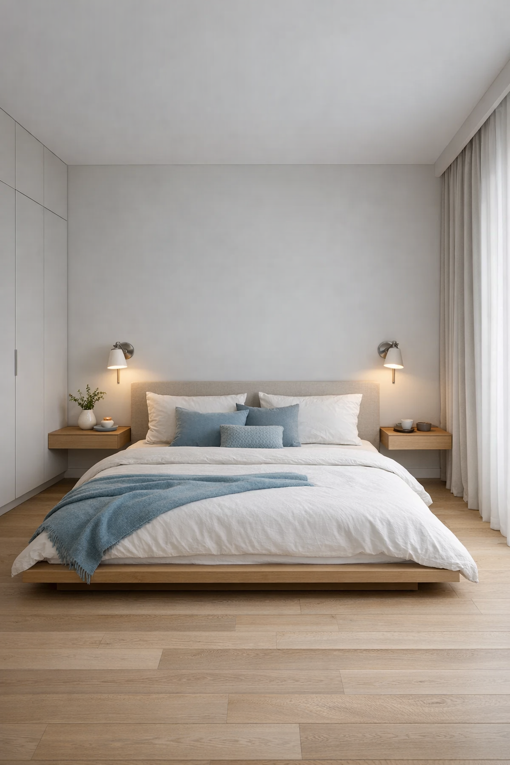 Serene bedroom with a low platform bed, misty blue accents, and built-in wardrobes