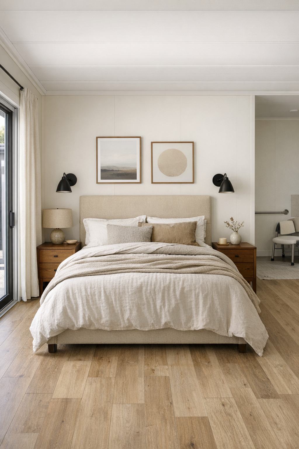 Calm neutral bedroom with upholstered headboard, chestnut wood nightstands, and layered soft textiles