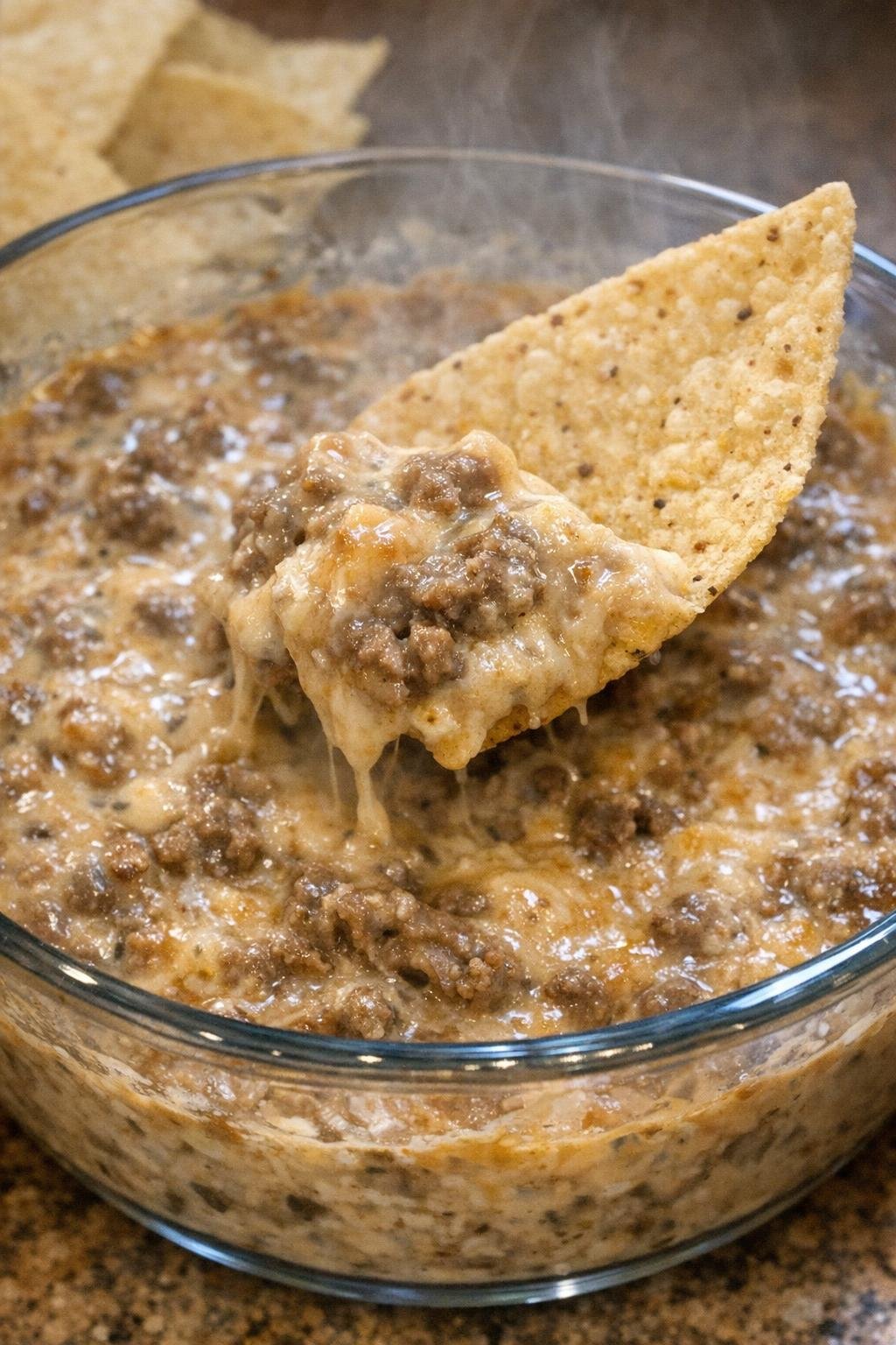 Beef Atkinson dip in a glass bowl with a tortilla chip scooping