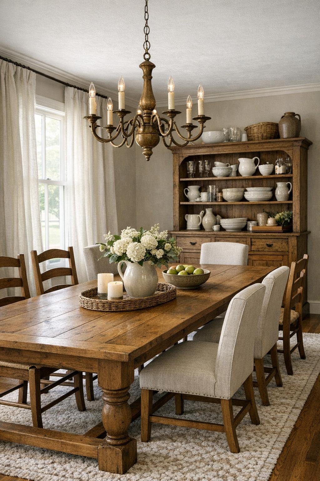 Refined farmhouse dining room with a long oak table, mixed chairs, and an aged brass chandelier