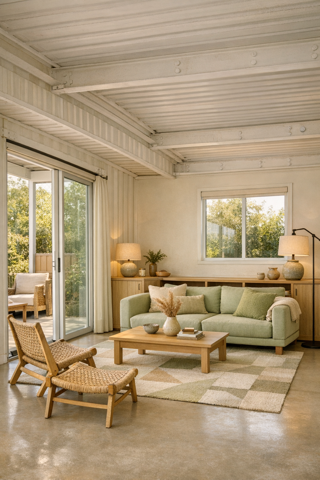Accessible container home living room with honeydew green accents, oak built-ins, and wide open circulation