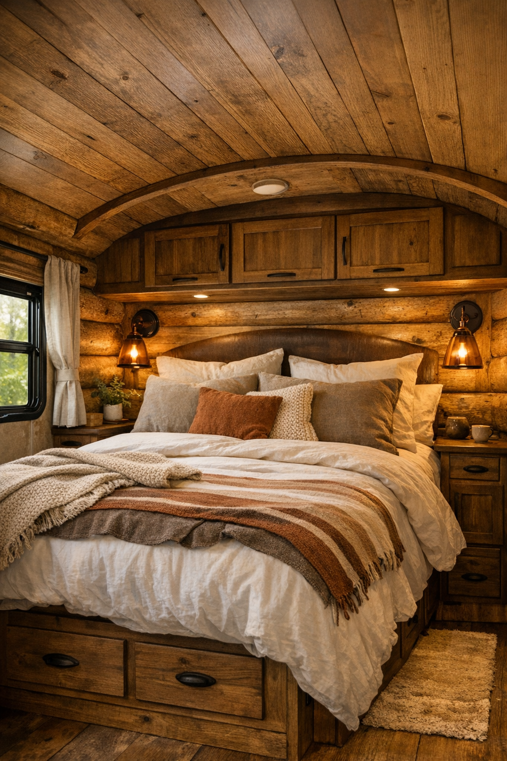 Warm rustic bedroom with log walls, layered bedding, and soft copper lighting
