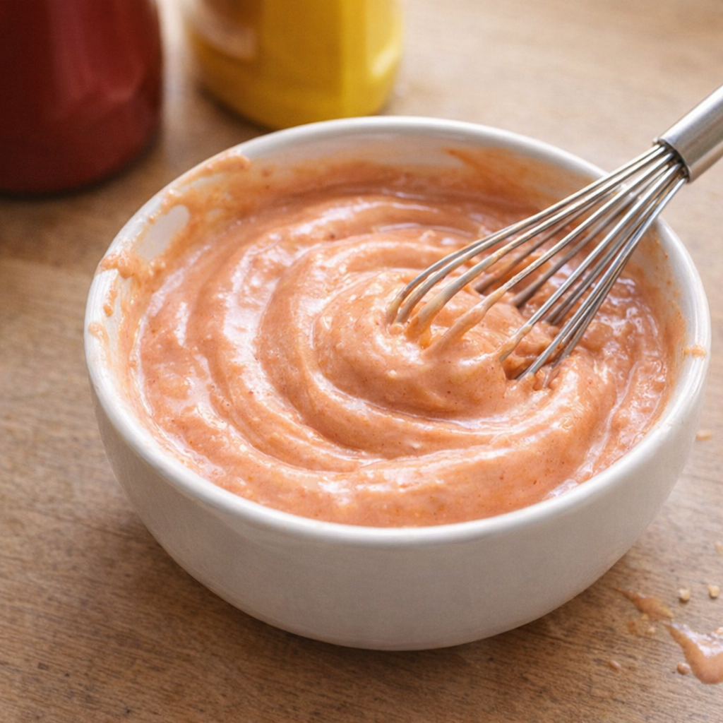 Small bowl of creamy burger sauce with whisk