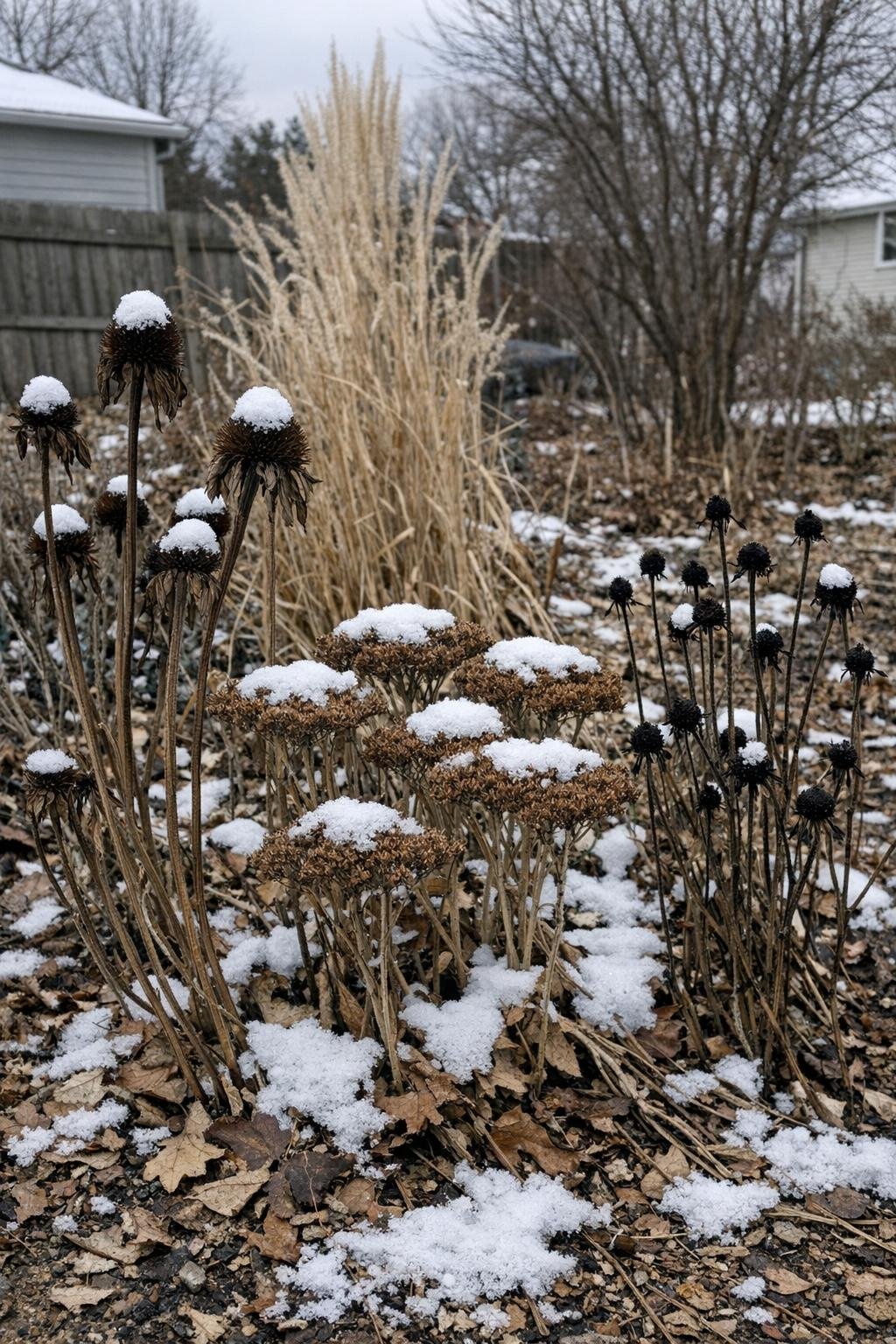 Standing coneflower and sedum seed heads in a winter bed