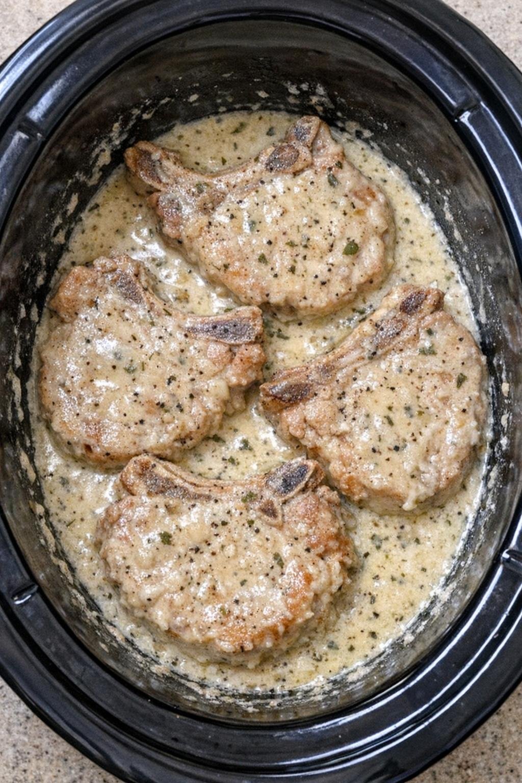 Finished pork chops tender in creamy gravy in the slow cooker