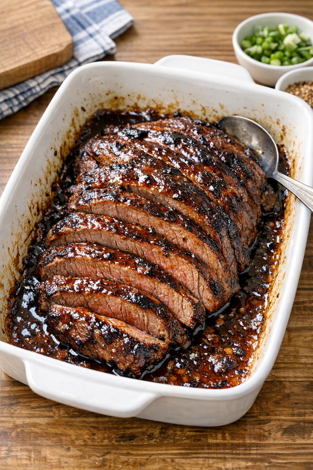 Finished baked beef tri-tip with honey bbq glaze in a casserole dish