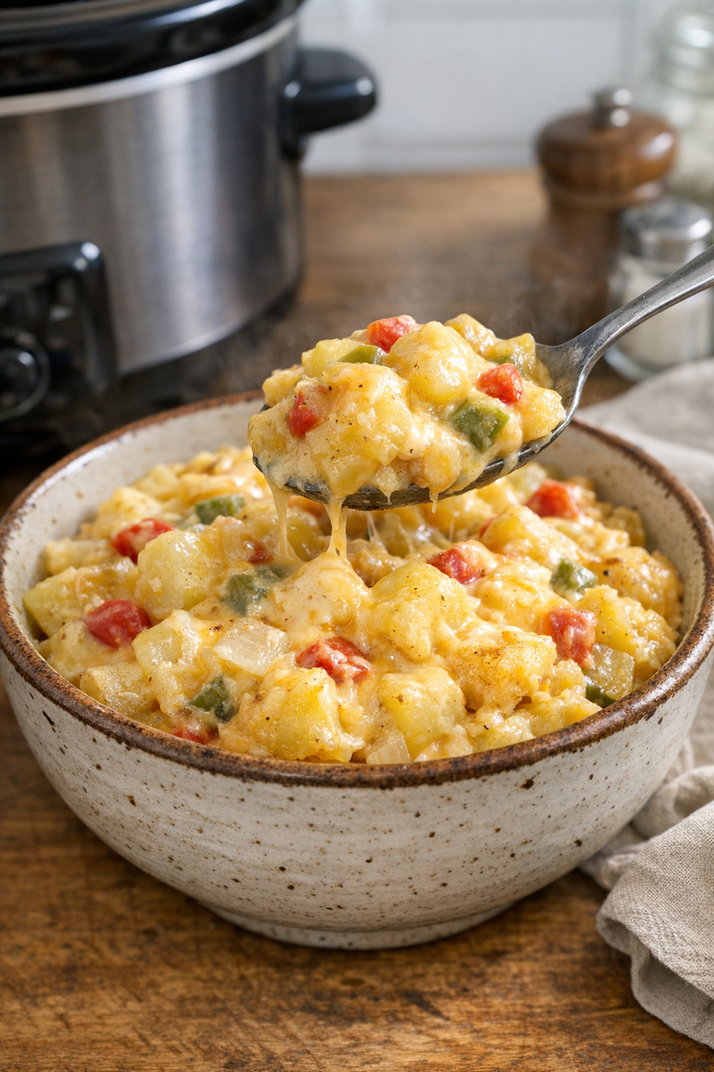 Finished cheesy slow cooker O'Brien potatoes