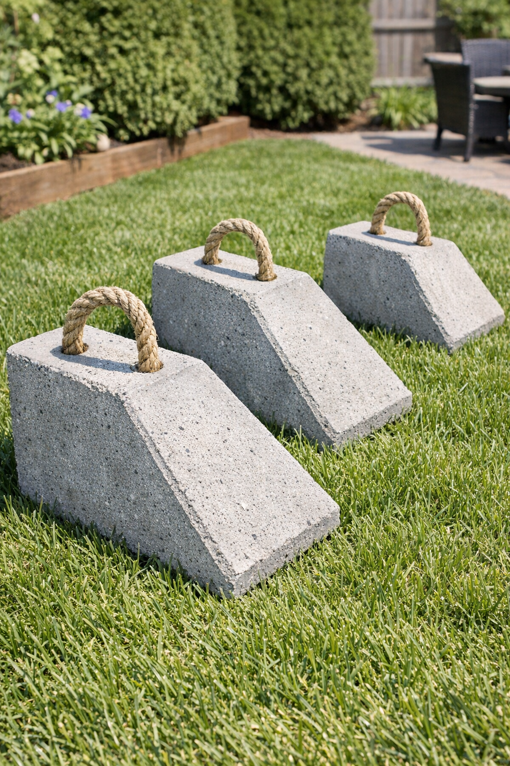 Finished heavy slanted yard wedges made from cement and plastic dustpans