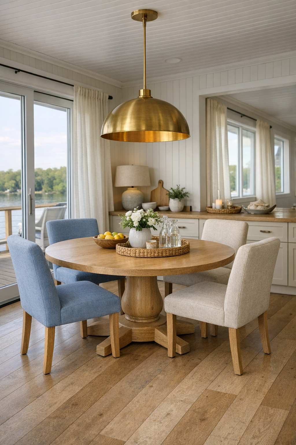 Round dining table in a bright lake cottage interior with pale oak and warm white finishes